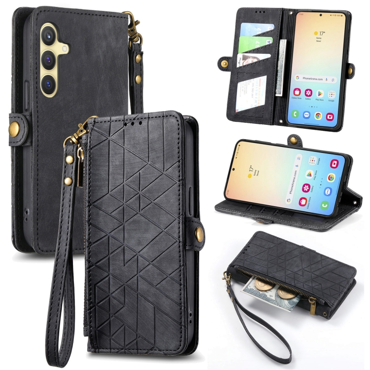 

For Samsung Galaxy S24+ 5G Geometric Zipper Wallet Side Buckle Leather Phone Case(Black)