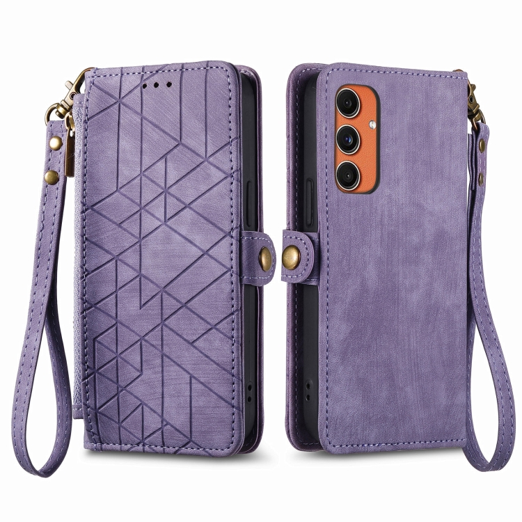 

For Samsung Galaxy A55 5G Geometric Zipper Wallet Side Buckle Leather Phone Case(Purple)