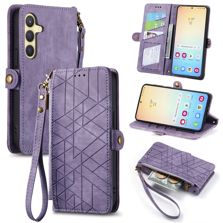 

For Samsung Galaxy S25 5G Geometric Zipper Wallet Side Buckle Leather Phone Case(Purple)