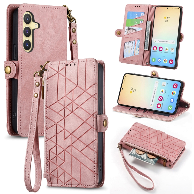 

For Samsung Galaxy S25+ 5G Geometric Zipper Wallet Side Buckle Leather Phone Case(Pink)
