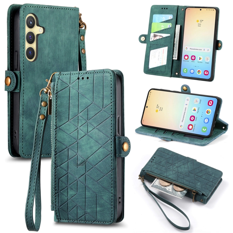 

For Samsung Galaxy S25+ 5G Geometric Zipper Wallet Side Buckle Leather Phone Case(Green)