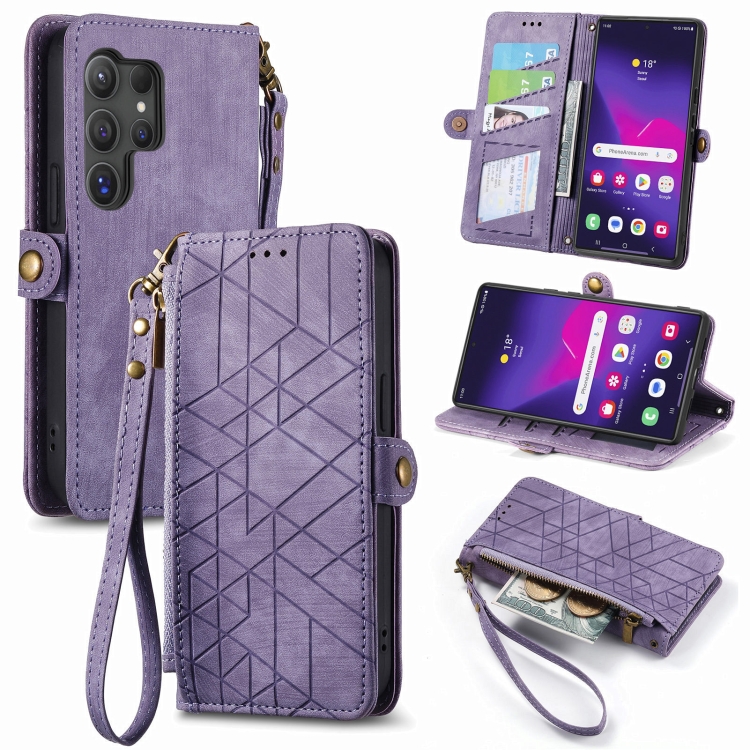 

For Samsung Galaxy S25 Ultra 5G Geometric Zipper Wallet Side Buckle Leather Phone Case(Purple)