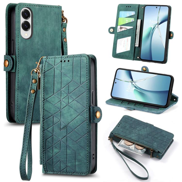 

For Samsung Galaxy S25 Edge 5G Geometric Zipper Wallet Side Buckle Leather Phone Case(Green)