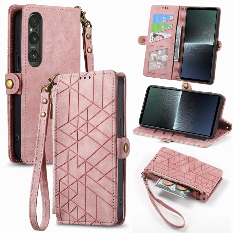 

For Sony Xperia 10 V Geometric Zipper Wallet Side Buckle Leather Phone Case(Pink)