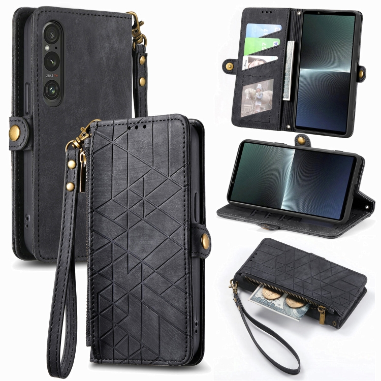 

For Sony Xperia 10 V Geometric Zipper Wallet Side Buckle Leather Phone Case(Black)