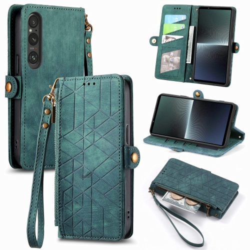 

For Sony Xperia 5 III Geometric Zipper Wallet Side Buckle Leather Phone Case(Green)