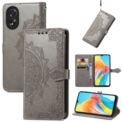 

For OPPO A38 Mandala Flower Embossed Leather Phone Case(Gray)