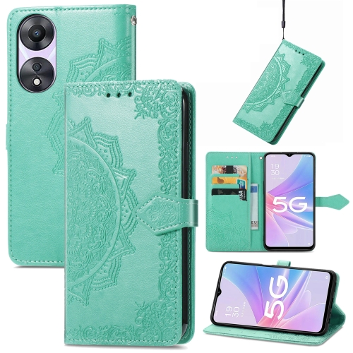 

For OPPO A58 5G Mandala Flower Embossed Leather Phone Case(Green)