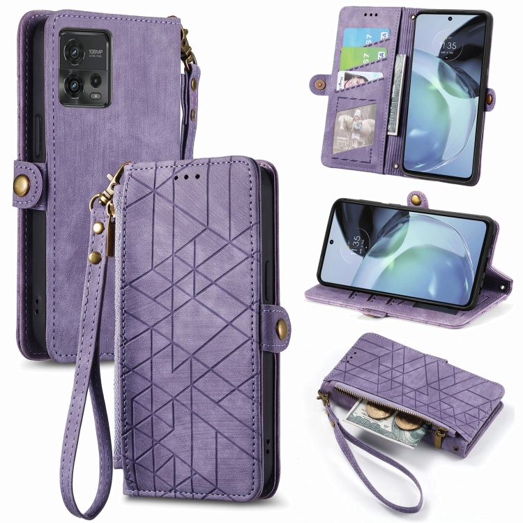 

For Motorola Moto G Stylus 4G 2023 Geometric Zipper Wallet Side Buckle Leather Phone Case(Purple)