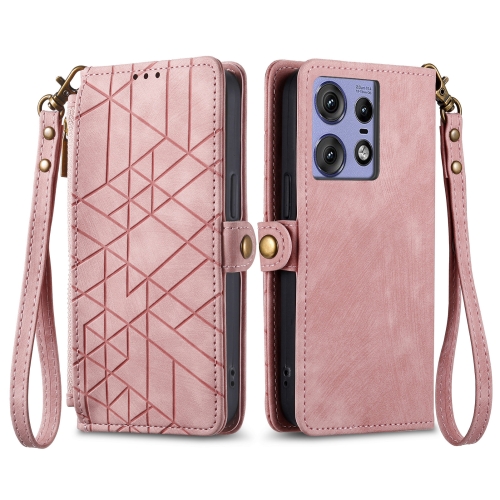 

For Motorola Edge 50 Pro Geometric Zipper Wallet Side Buckle Leather Phone Case(Pink)