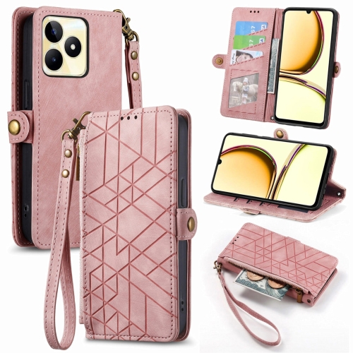 

For Realme C53 Geometric Zipper Wallet Side Buckle Leather Phone Case(Pink)
