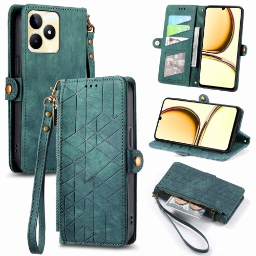 

For Realme C53 Geometric Zipper Wallet Side Buckle Leather Phone Case(Green)