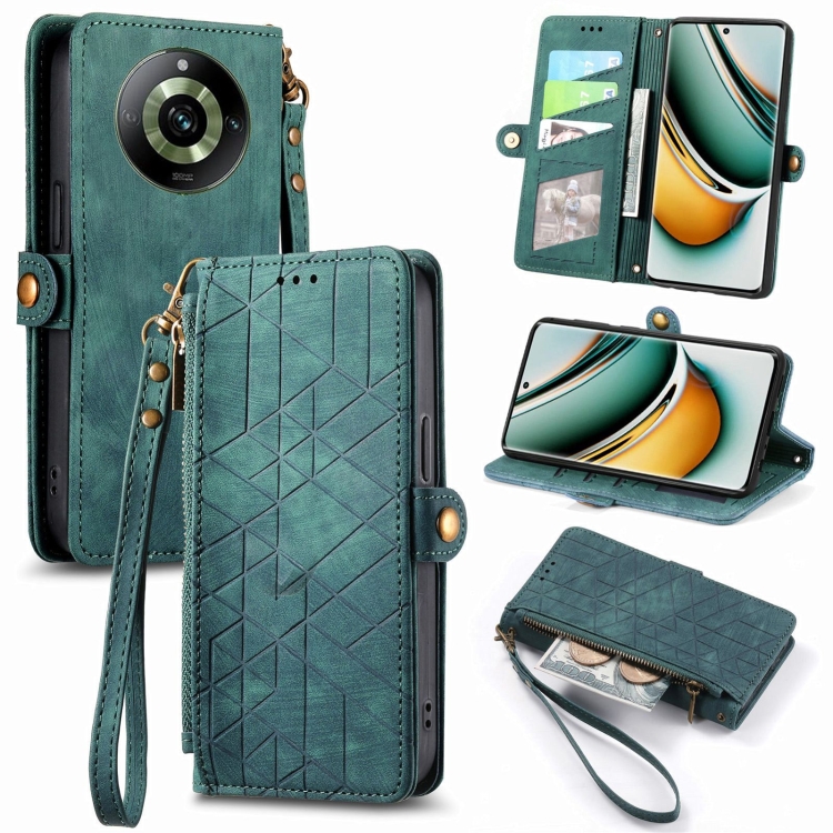 

For Realme 11 Pro Geometric Zipper Wallet Side Buckle Leather Phone Case(Green)