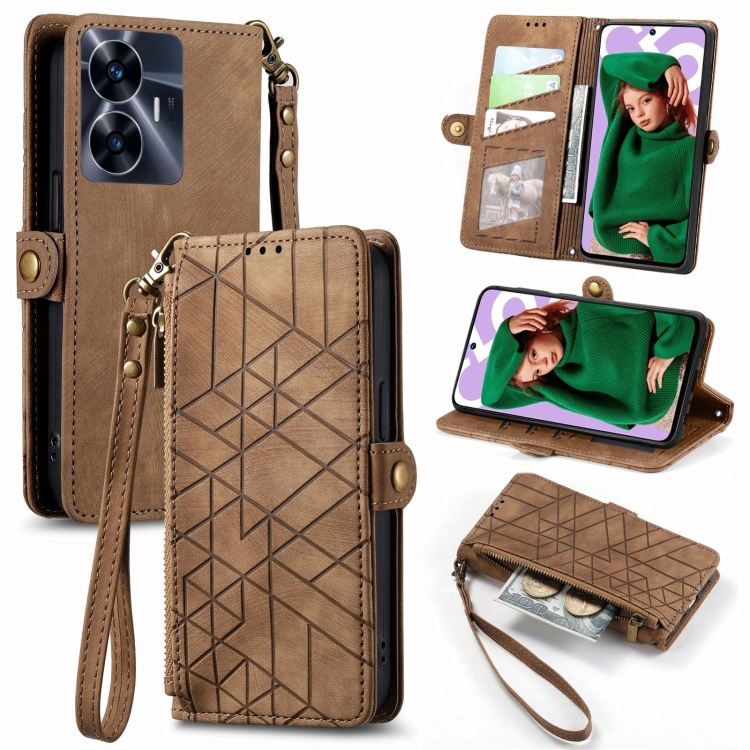 

For Realme C55 Geometric Zipper Wallet Side Buckle Leather Phone Case(Brown)