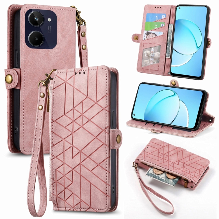 

For Realme 10 4G Geometric Zipper Wallet Side Buckle Leather Phone Case(Pink)