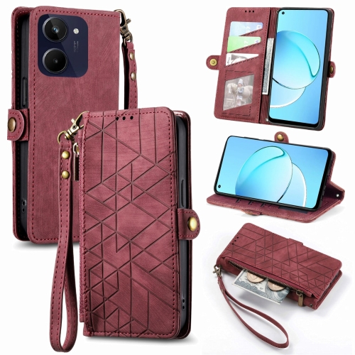 

For Realme 10 4G Geometric Zipper Wallet Side Buckle Leather Phone Case(Red)