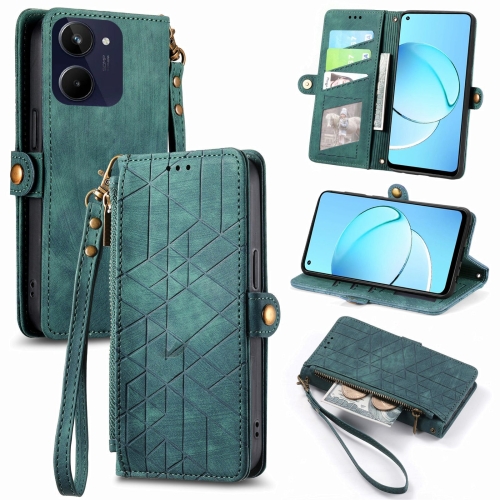 

For Realme 10 5G Geometric Zipper Wallet Side Buckle Leather Phone Case(Green)