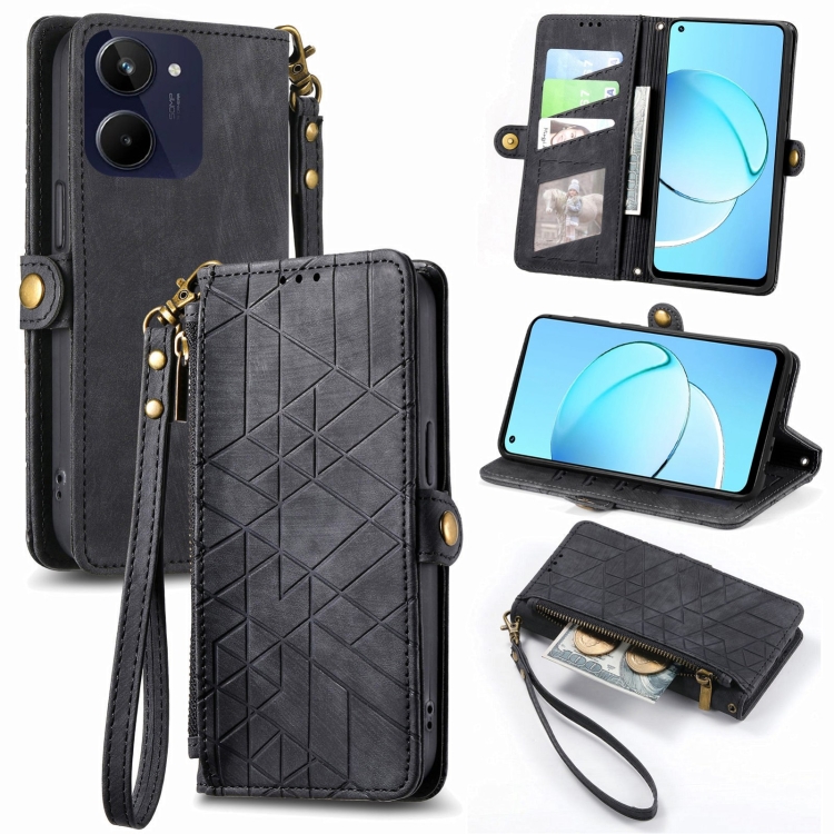 

For Realme 10 5G Geometric Zipper Wallet Side Buckle Leather Phone Case(Black)