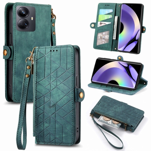 

For Realme 10 Pro Geometric Zipper Wallet Side Buckle Leather Phone Case(Green)