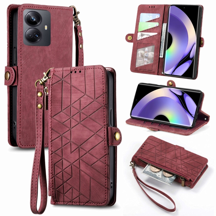 

For Realme 10 Pro+ Geometric Zipper Wallet Side Buckle Leather Phone Case(Red)