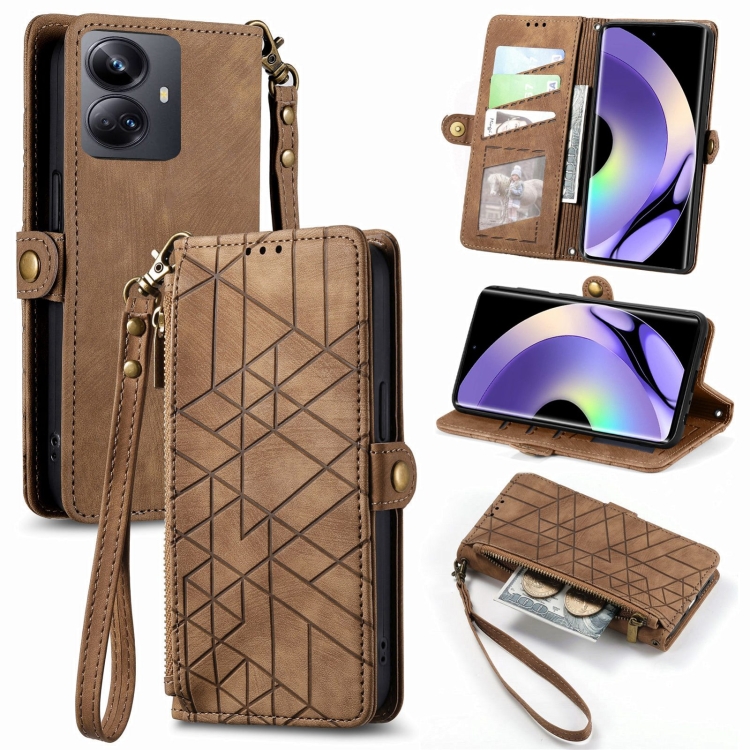

For Realme 10 Pro+ Geometric Zipper Wallet Side Buckle Leather Phone Case(Brown)