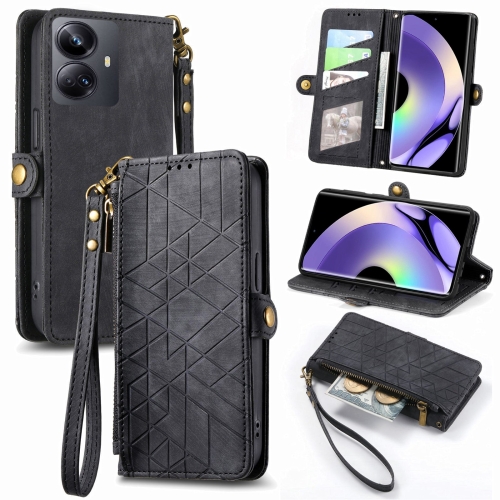 

For Realme 10 Pro+ Geometric Zipper Wallet Side Buckle Leather Phone Case(Black)