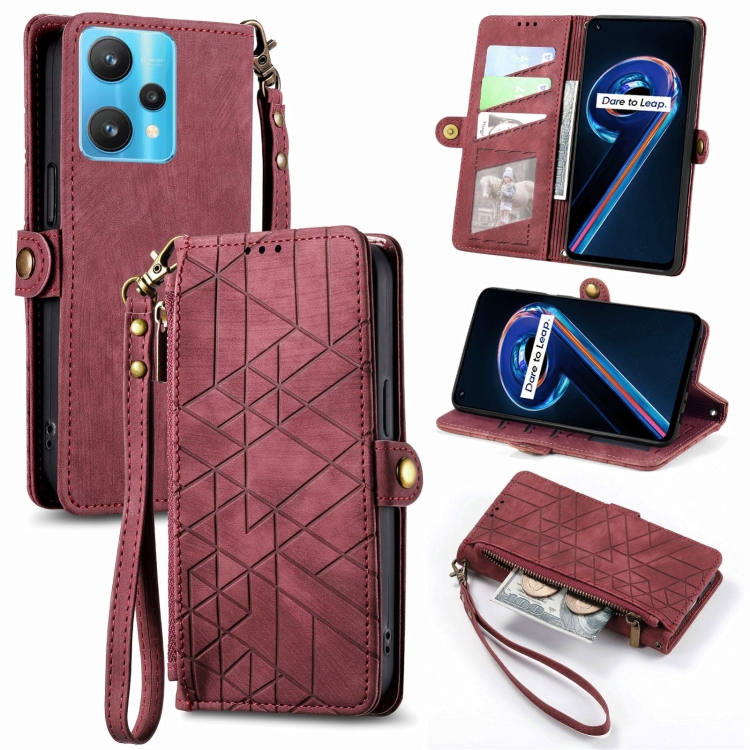 

For Realme 9 Pro Geometric Zipper Wallet Side Buckle Leather Phone Case(Red)