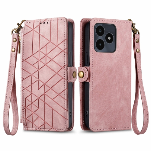 

For Realme Note 50 Geometric Zipper Wallet Side Buckle Leather Phone Case(Pink)