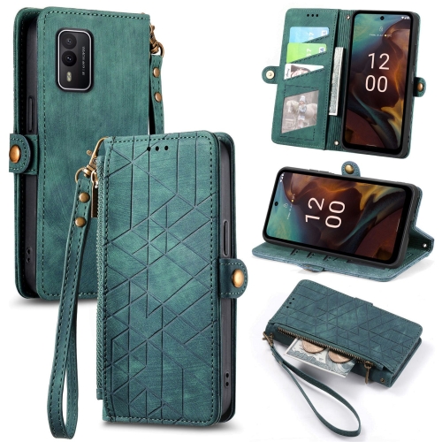 

For Nokia XR21 Geometric Zipper Wallet Side Buckle Leather Phone Case(Green)
