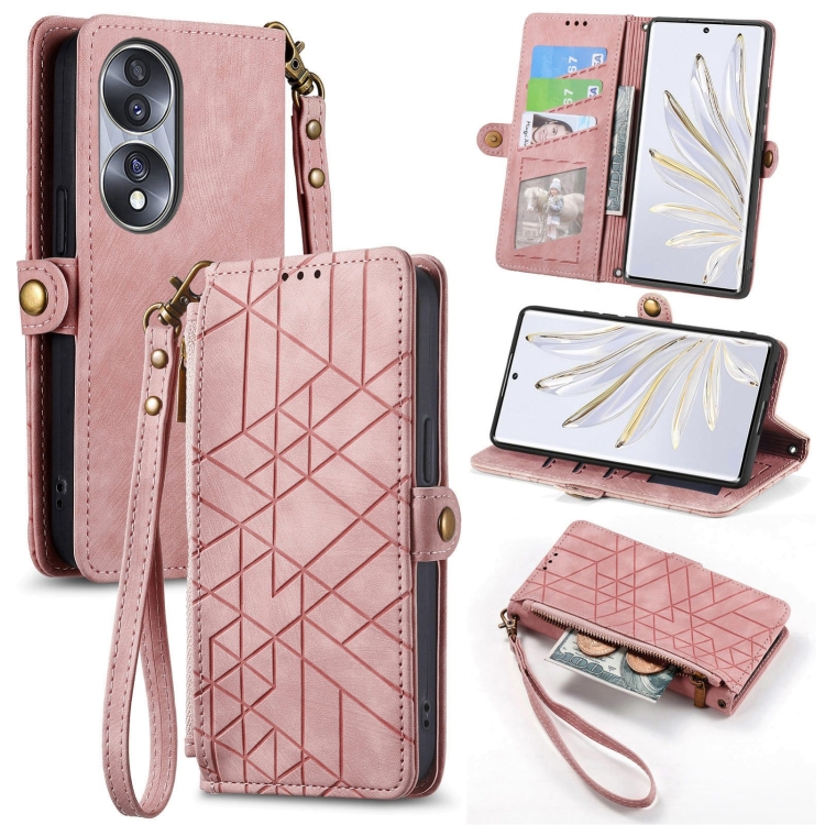 

For Honor 70 Geometric Zipper Wallet Side Buckle Leather Phone Case(Pink)
