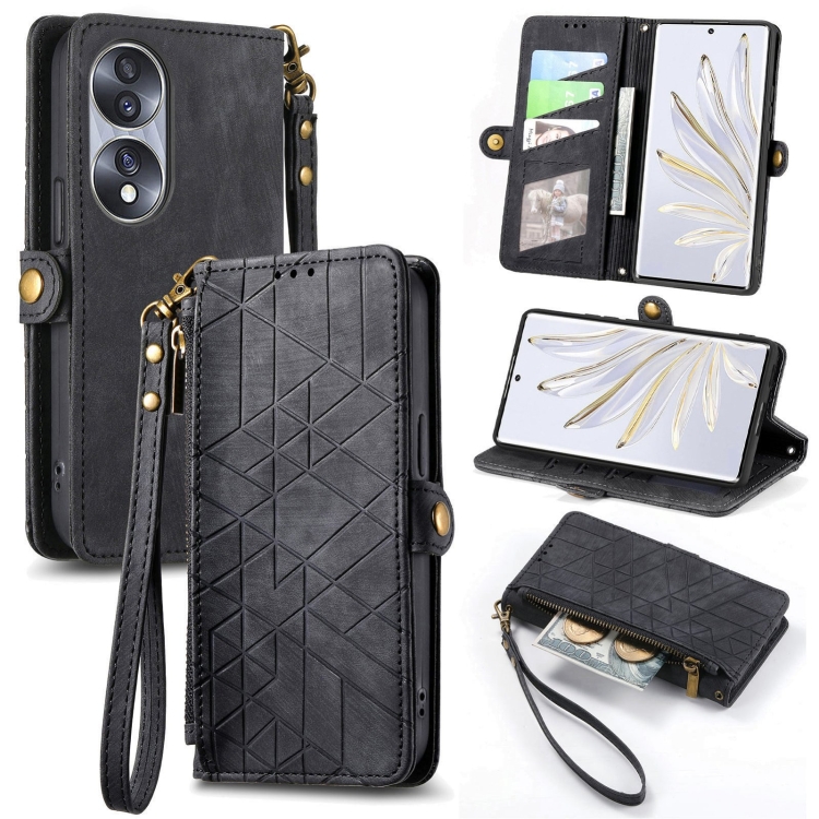 

For Honor 70 Geometric Zipper Wallet Side Buckle Leather Phone Case(Black)