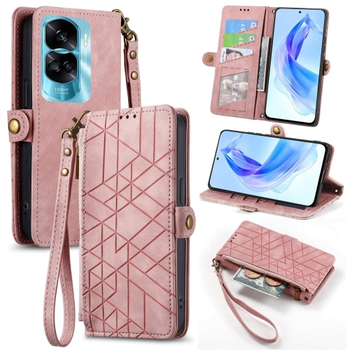 

For Honor 90 Lite / X50i Geometric Zipper Wallet Side Buckle Leather Phone Case(Pink)