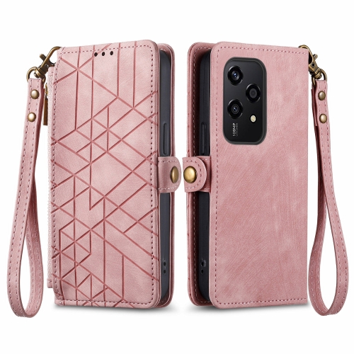 

For Honor 200 Lite Global Geometric Zipper Wallet Side Buckle Leather Phone Case(Pink)