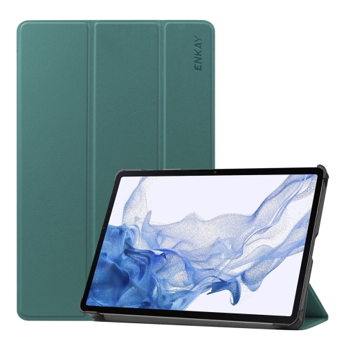 

For Samsung Galaxy Tab S9 ENKAY Tri-fold Custer Texture Leather Smart Tablet Case(Dark Green)