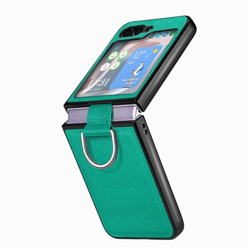 

For Samsung Galaxy Z Flip5 JUNSUNMAY Lichee Pattern Leather Skin PC Folding Phone Case with Phone Ring(Green)