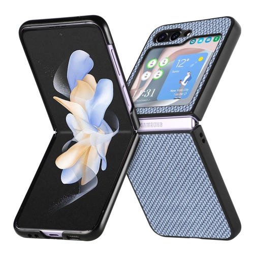 

For Samsung Galaxy Z Flip5 JUNSUNMAY Carbon Fiber Pattern Leather Skin PC Folding Phone Case(Blue)