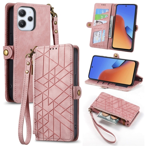 

For Xiaomi Redmi 12 Geometric Zipper Wallet Side Buckle Leather Phone Case(Pink)