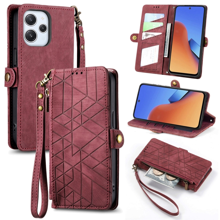 

For Xiaomi Redmi 12 Geometric Zipper Wallet Side Buckle Leather Phone Case(Red)