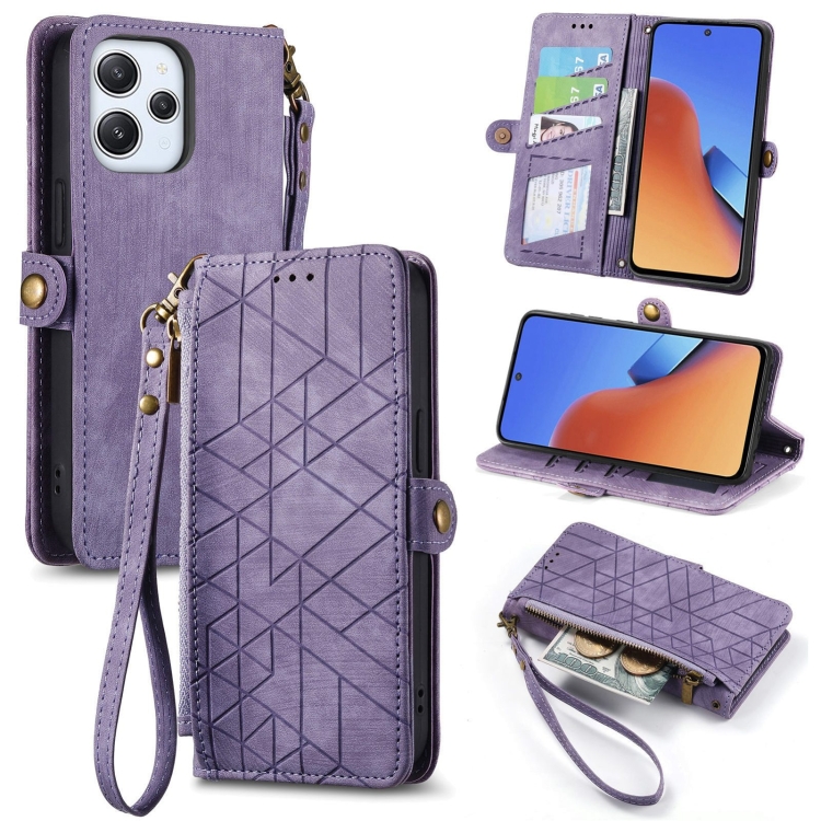 

For Xiaomi Redmi 12 Geometric Zipper Wallet Side Buckle Leather Phone Case(Purple)