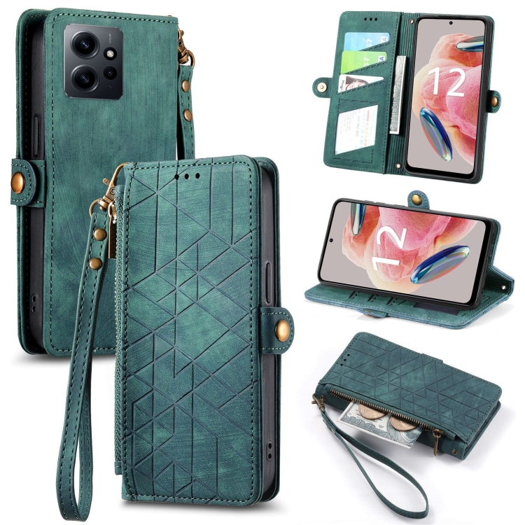 

For Xiaomi Redmi Note 12 4G Geometric Zipper Wallet Side Buckle Leather Phone Case(Green)
