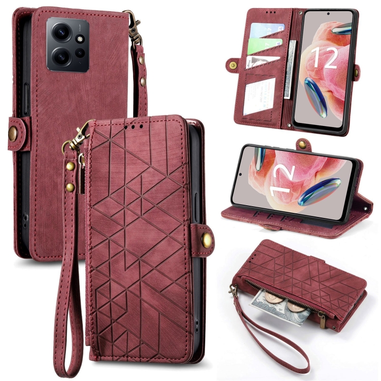 

For Xiaomi Redmi Note 12 4G Geometric Zipper Wallet Side Buckle Leather Phone Case(Red)