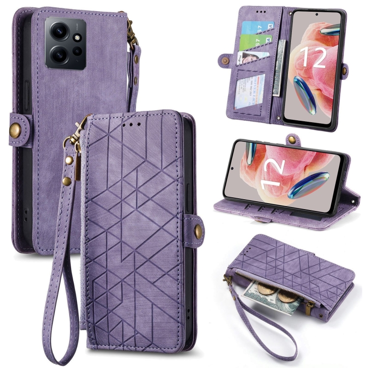 

For Xiaomi Redmi Note 12 4G Geometric Zipper Wallet Side Buckle Leather Phone Case(Purple)