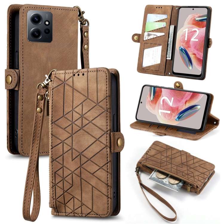 

For Xiaomi Redmi Note 12 4G Geometric Zipper Wallet Side Buckle Leather Phone Case(Brown)