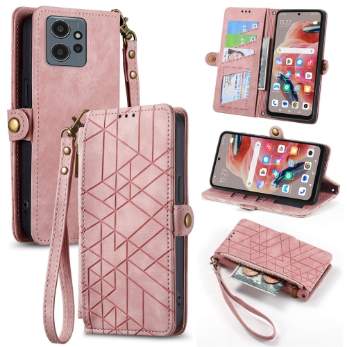 

For Xiaomi Redmi Note 12 5G Geometric Zipper Wallet Side Buckle Leather Phone Case(Pink)