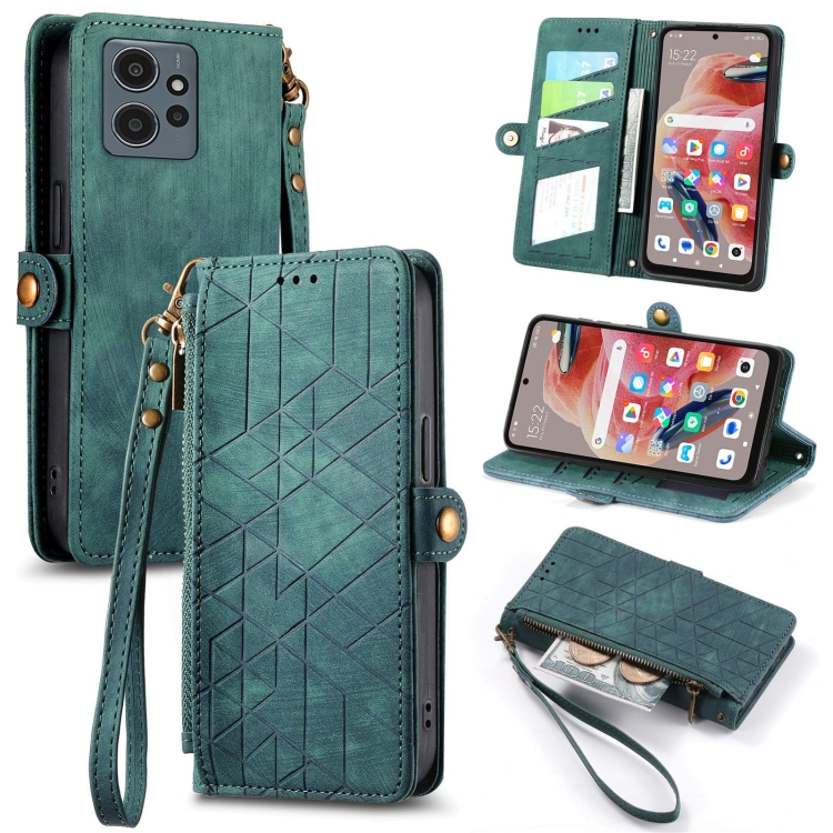 

For Xiaomi Redmi Note 12 5G Geometric Zipper Wallet Side Buckle Leather Phone Case(Green)