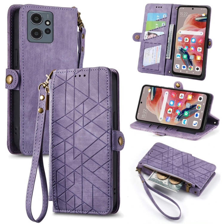 

For Xiaomi Redmi Note 12 5G Geometric Zipper Wallet Side Buckle Leather Phone Case(Purple)