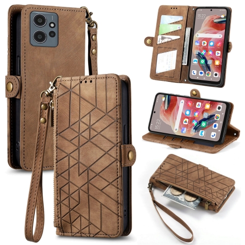 

For Xiaomi Redmi Note 12 5G Geometric Zipper Wallet Side Buckle Leather Phone Case(Brown)