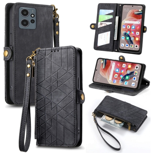 

For Xiaomi Redmi Note 12 5G Geometric Zipper Wallet Side Buckle Leather Phone Case(Black)