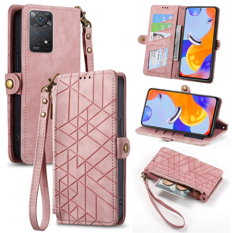 

For Redmi Note 11 Pro 4G Geometric Zipper Wallet Side Buckle Leather Phone Case(Pink)