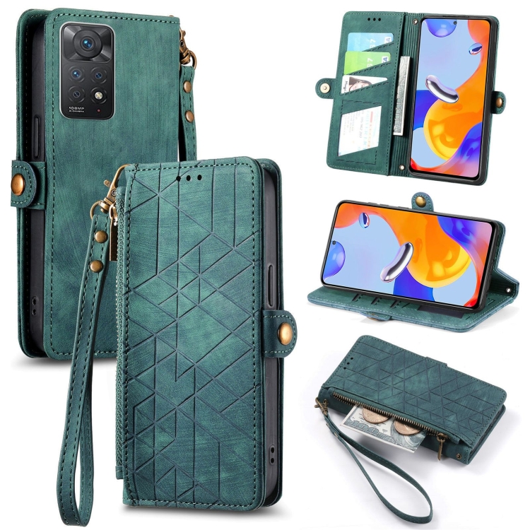 

For Redmi Note 11 Pro 4G Geometric Zipper Wallet Side Buckle Leather Phone Case(Green)